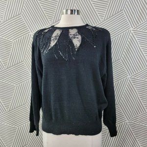 Vintage size Large Sweater Lace Cut out Sequin Dark Academia Black Goth alt